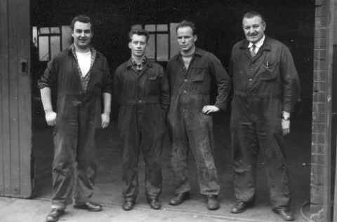 Alf Dover, John McDonald, Eric Bond, Frank Wylie at Vulcan Garage